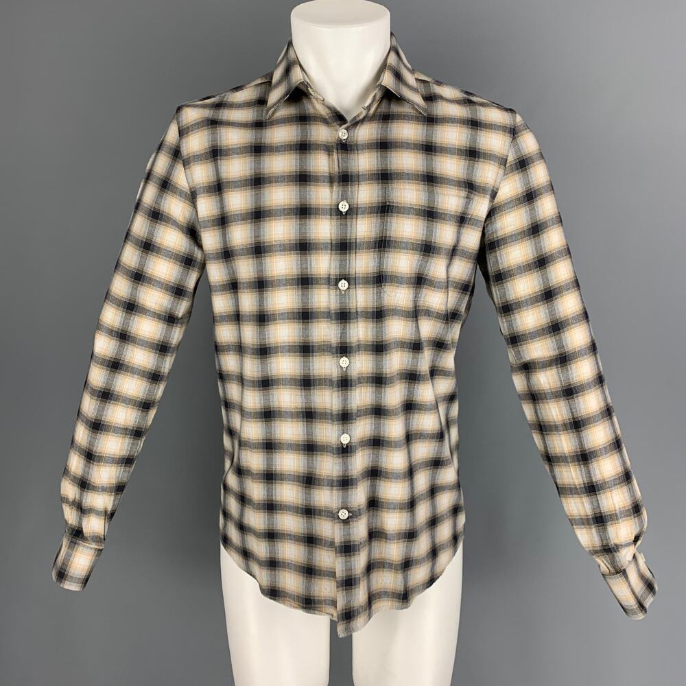 REISS Size S Beige Black Plaid Cotton One pocket Long Sleeve Shirt